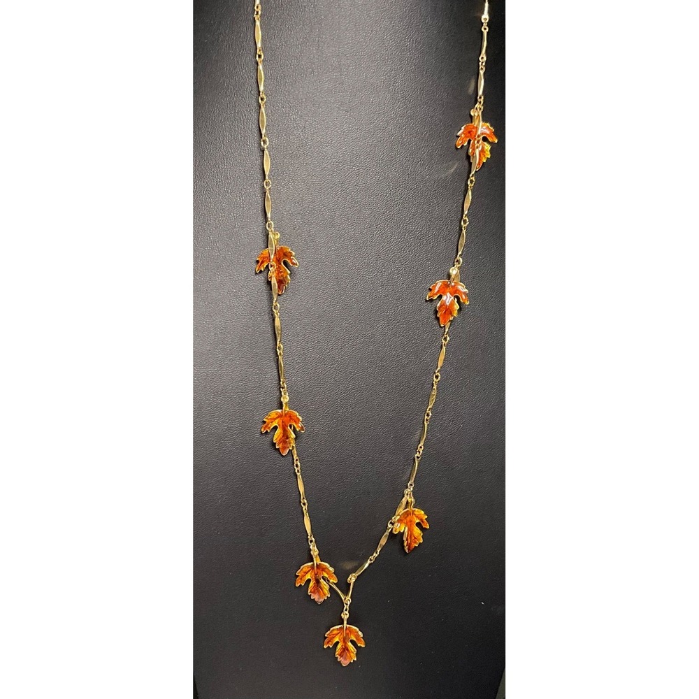 VINTAGE MAPLE LEAF CHARMS 30" NECKLACE AUTUMN ENAMEL METALLIC GOLD-TONE